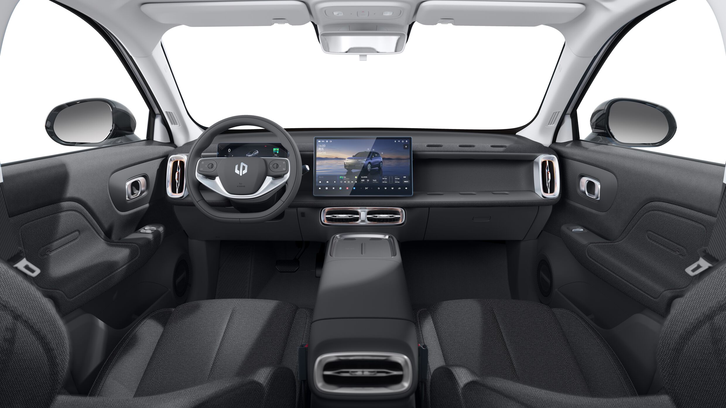 Leapmotor B10 Innenraum mit Stoffpolstern und Blick auf Lenkrad und Displays.